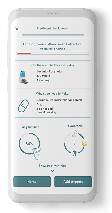 Mobile app screen showing asthma treatment check with caution for uncontrolled asthma, daily medication instructions, lung function at 84%, and symptom count at 3.