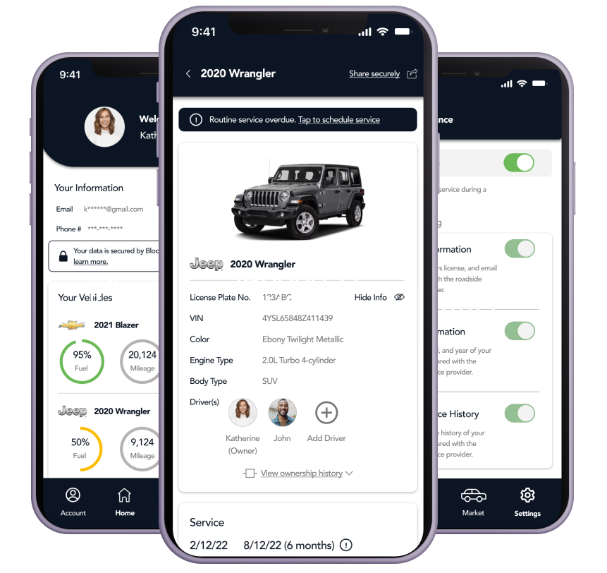 Mobile app screen displaying details of a 2020 Jeep Wrangler including an image, license plate, VIN, color, engine type, body type, and driver info with service reminder.
