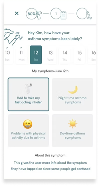 Mobile app interface asking user about softening symptoms with date selectors and icons for eating problems, night symptoms, and daytime softness.