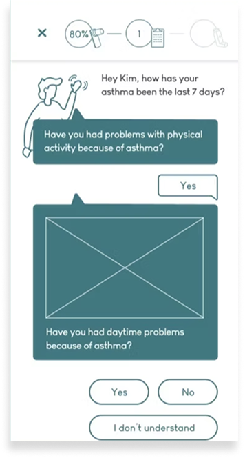 Chat interface showing a conversation asking about asthma symptoms and related physical activity and daytime problems.
