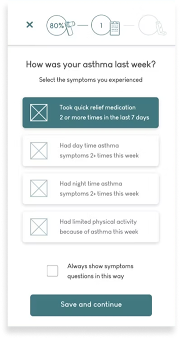 Asthma symptom survey asking about frequency of quick relief medication use, day and night symptoms, physical activity limitation, and symptom questions last week with checkboxes and a save button.