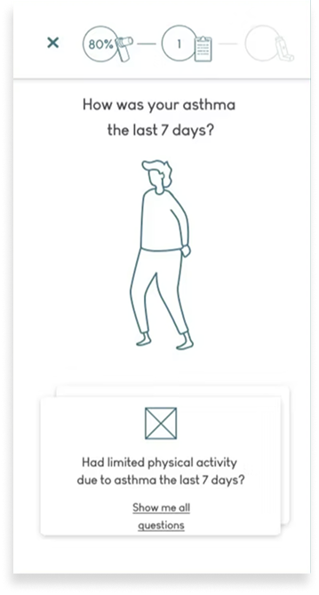 App screen asking 'How was your asthma the last 7 days?' with a line drawing of a person and a prompt about limited physical activity due to asthma.