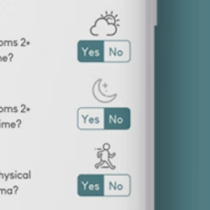 Close-up of a health survey interface showing questions with Yes and No toggle buttons and weather, hydration, and exercise icons.