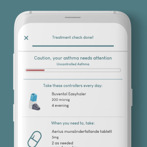 Screenshot of a medical app warning about asthma treatment overdose with warnings, dosage instructions, and an illustration of inhaler and tablets.