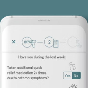 Mobile app screen showing a question asking if user has taken quick relief medication 2 or more times in the last week due to asthma symptoms, with Yes and No buttons.