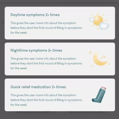 Three informational panels detailing symptoms: daytime symptoms 2+ times with sun icon, nighttime symptoms 2+ times with moon icon, and quick relief medication 2+ times with inhaler icon.