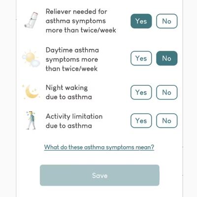 Asthma symptom checklist with options to select Yes or No for reliever use, daytime symptoms, night waking, and activity limitation, plus a Save button.