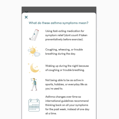 Explanation of asthma symptoms with icons: inhaler for medication use, sun for daytime coughing/wheezing, moon for nighttime symptoms, person walking for reduced activity, and calendar for symptom tracking over time.