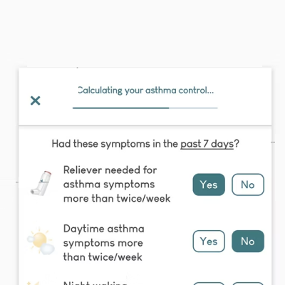 Asthma control questionnaire showing questions about symptoms in the past 7 days with Yes and No buttons for each.
