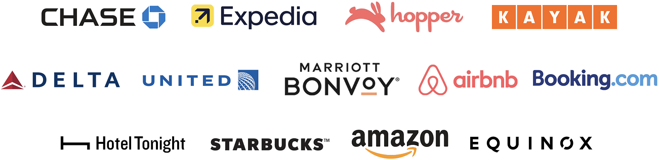 Logos of companies including Chase, Expedia, Hopper, Kayak, Delta, United, Marriott Bonvoy, Airbnb, Booking.com, HotelTonight, Starbucks, Amazon, and Equinox.