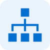Blue hierarchical network icon with one top square connected to three lower squares on light blue background.