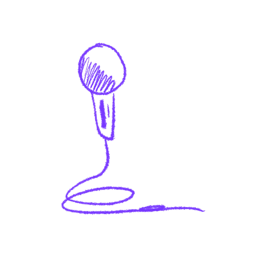Purple hand-drawn sketch of a wired microphone on a white background.