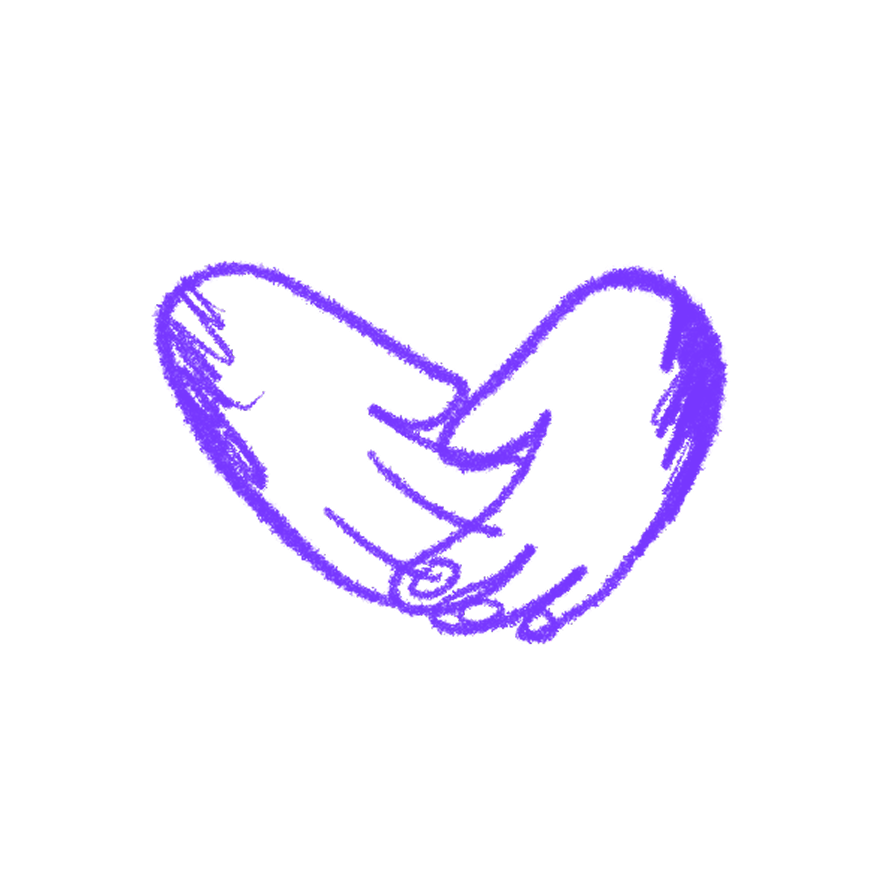 Purple sketch of two hands gently cupping each other, forming a heart-like shape.
