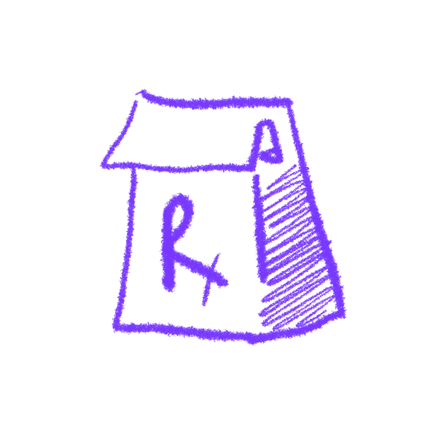 Purple crayon-style drawing of a folded paper bag with 'Rx' symbol and letter A on the side.