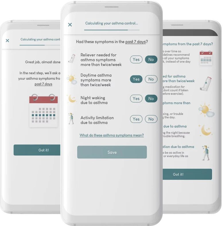 Mobile app screen showing an asthma control questionnaire asking if symptoms in the past 7 days include reliever needed more than twice a week, daytime symptoms, night waking, and activity limitation, with Yes and No options and a Save button.