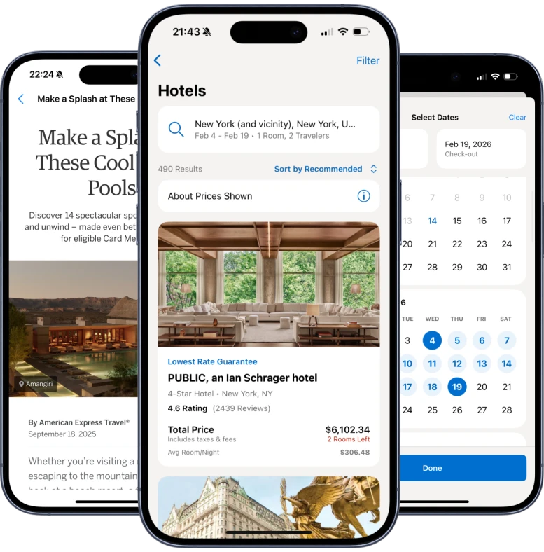 Three smartphones displaying a hotel booking app showing a New York hotel listing, calendar date selection, and an article about pools.
