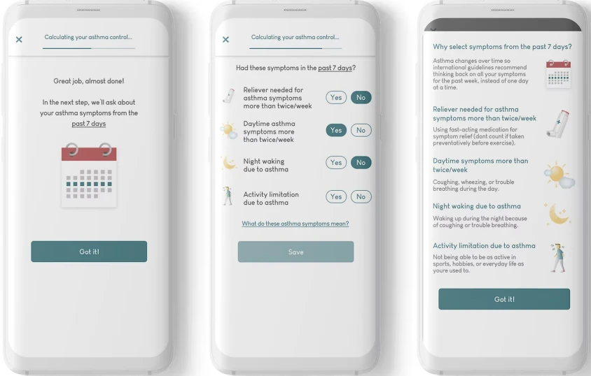 Three smartphone screens showing an asthma control app that asks about asthma symptoms in the past 7 days, including relief medication use, daytime and night symptoms, and activity limitations, with explanations for symptom selection.
