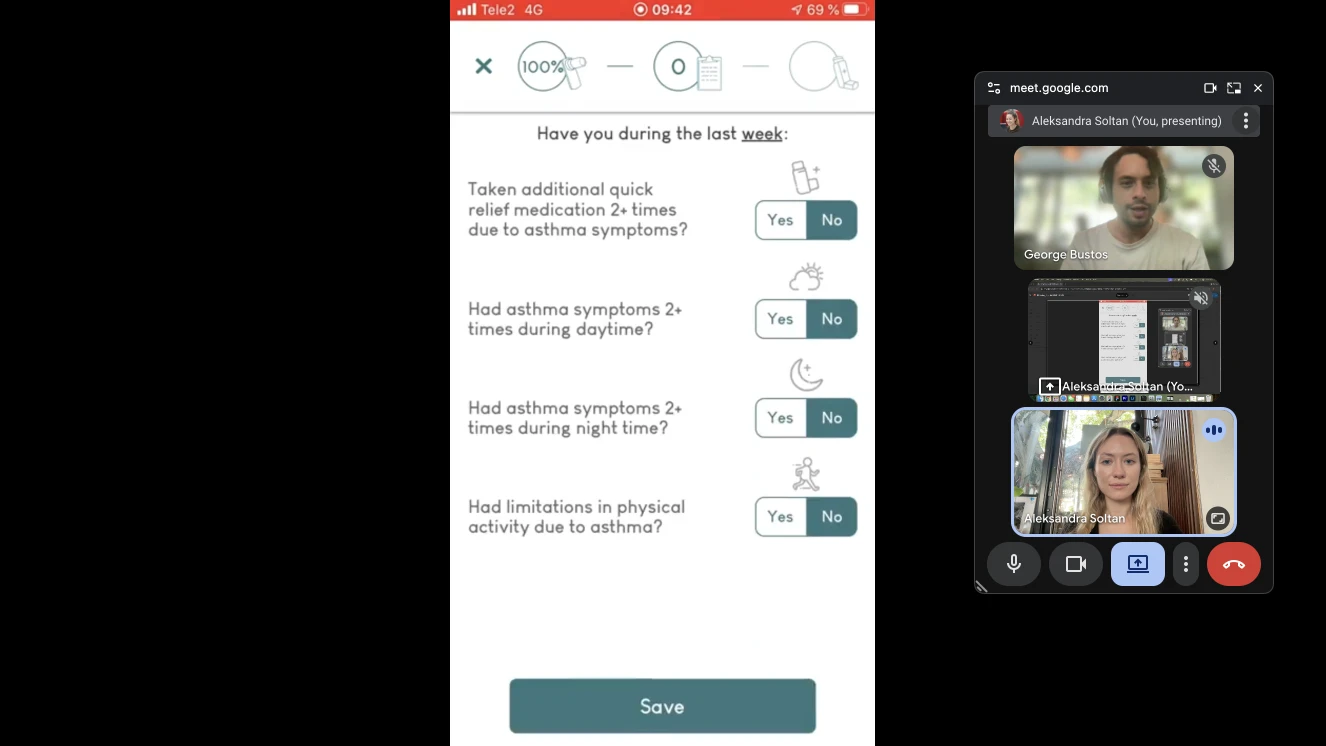 Mobile screen showing an asthma symptom questionnaire with Yes and No options for four questions and a Save button; a Google Meet call with three participants is visible on the right.