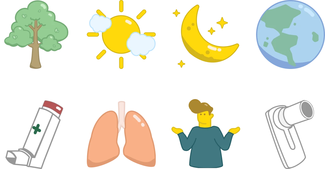 Illustrations of a tree, sun partially covered by clouds, crescent moon with stars, Earth, inhaler, pair of lungs, person shrugging, and a white handheld medical device.