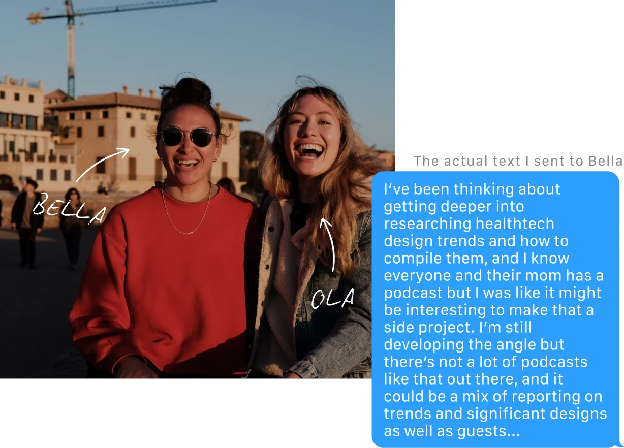 Two smiling young women outdoors during golden hour, one wearing sunglasses and a red sweatshirt labeled Bella, the other in a denim jacket labeled Ola.