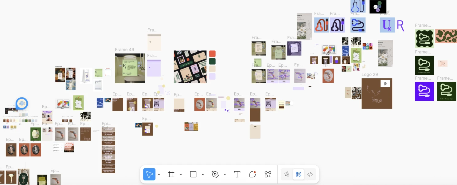 Zoomed-out view of a digital workspace with multiple thumbnail images and design assets arranged in a scattered, grid-like manner on a light gray background.