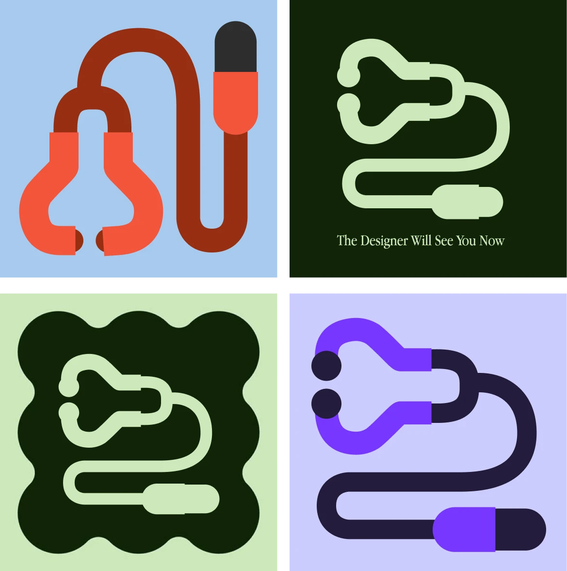 Four stylized stethoscope icons in different color blocks; one has text saying 'The Designer Will See You Now'.