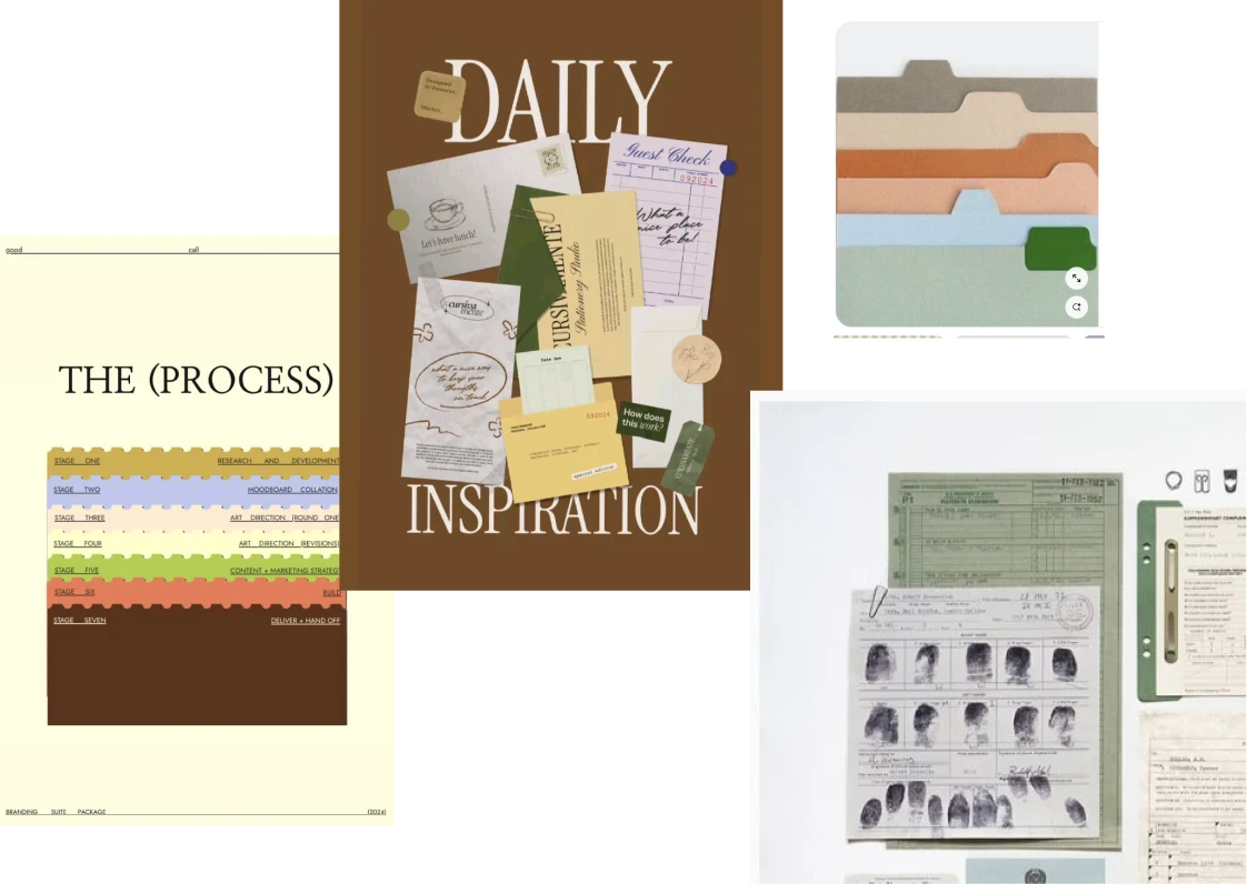Collage including a brown poster with the text 'DAILY INSPIRATION' surrounded by various paper notes, a color-coded process chart labeled 'THE (PROCESS)' displayed as interlocking puzzle pieces, pastel-colored file tab dividers, and a collection of documents with fingerprints and official stamps.
