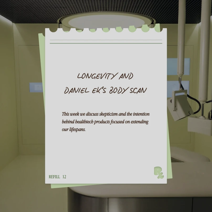A notepad page titled 'Longevity and Daniel Ek's Body Scan' with a note about discussing skepticism and healthtech products aimed at extending lifespans, set against a medical scanning room background.