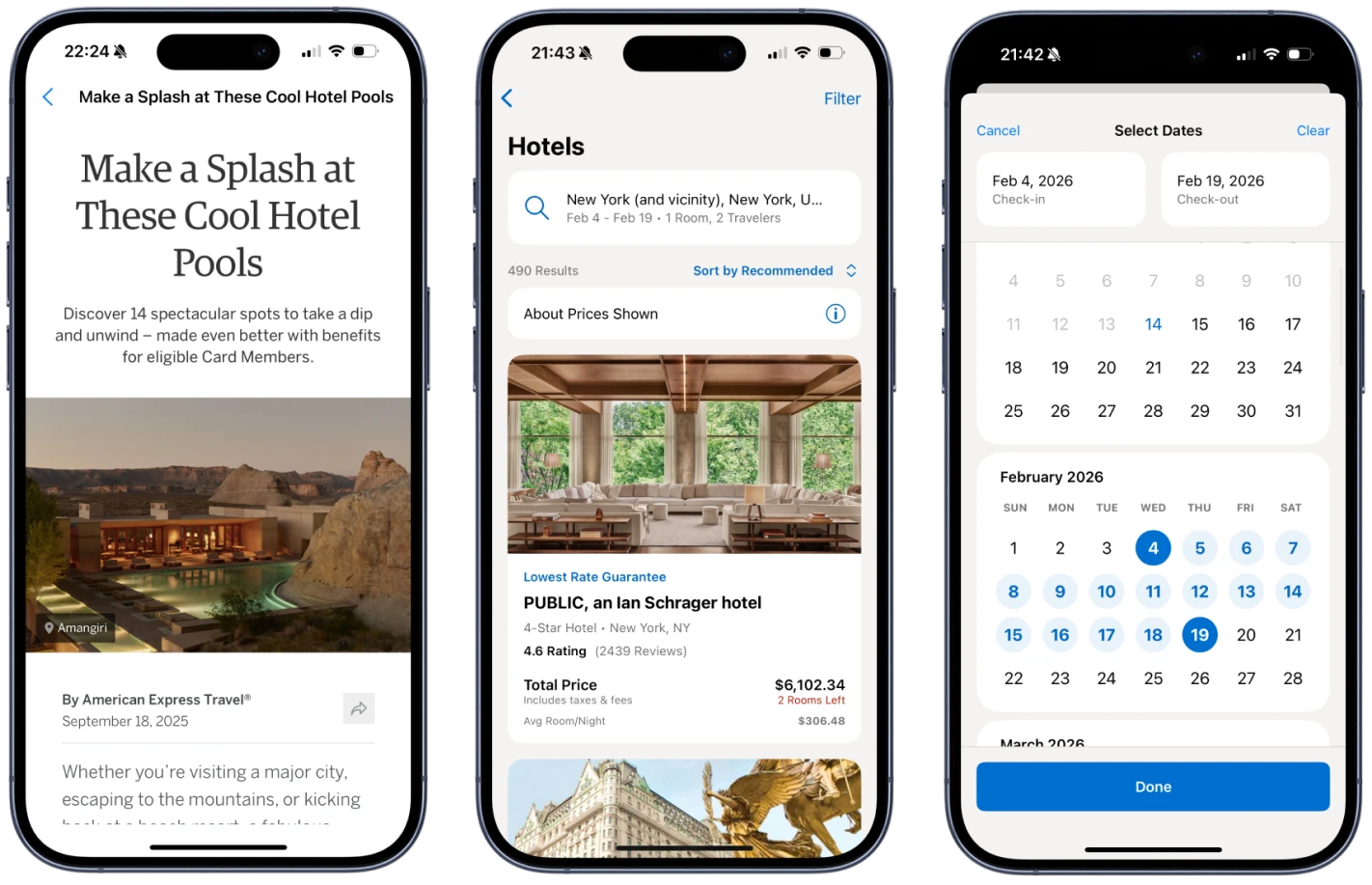 Three smartphones displaying a hotel booking app showing a hotel article, a hotel listing in New York with price and rating, and a date selection calendar for check-in and check-out.