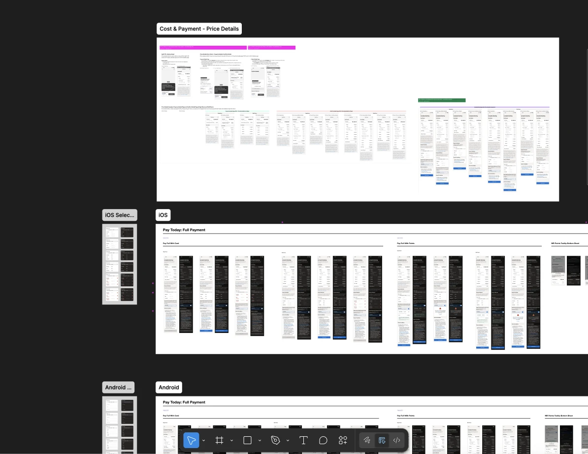 Screenshot of a detailed digital interface showing multiple price details and payment screens for iOS and Android apps, including payment methods and point redemption options.