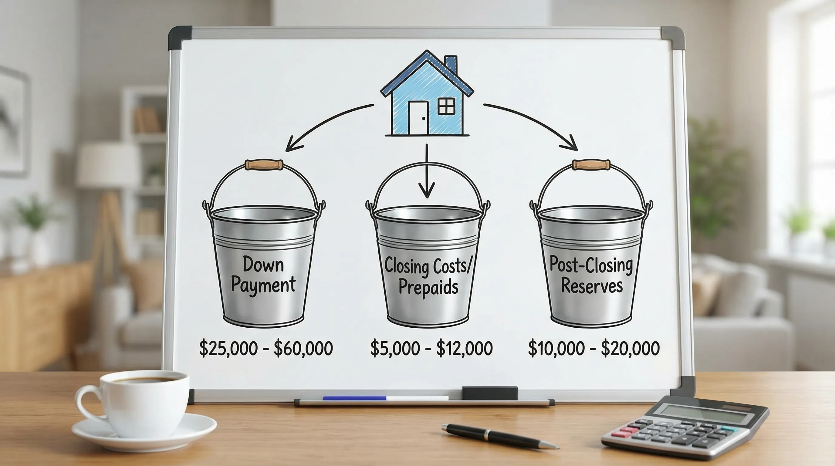 Simple diagram showing three buckets for homebuying cash: down payment, closing costs/prepaids, and post-closing reserves, with example dollar ranges beneath each.