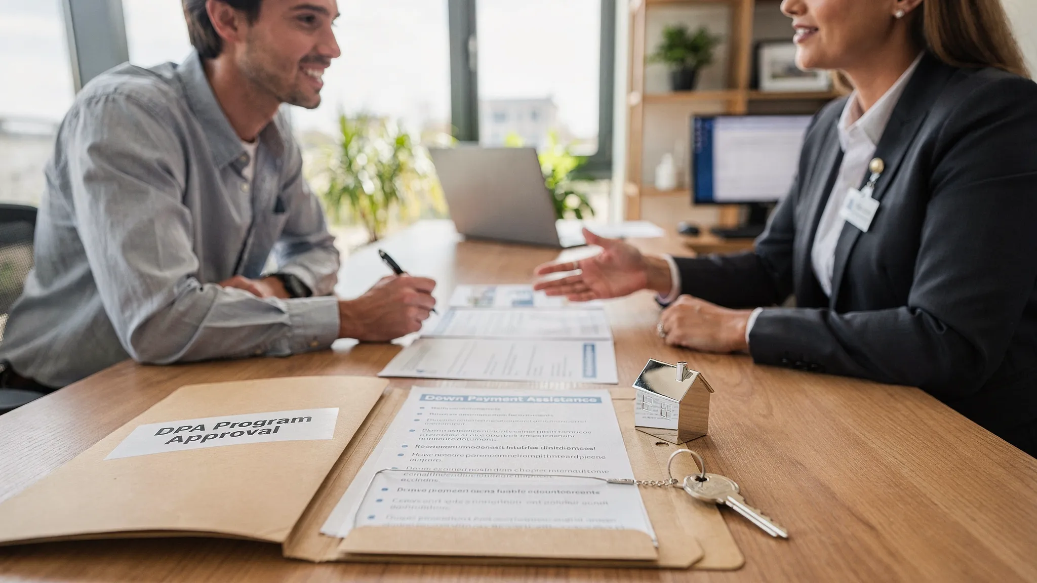 A first-time home buyer and a loan officer reviewing a checklist of down payment assistance documents at a table, with a folder labeled “DPA Program Approval” and a house key in the foreground.