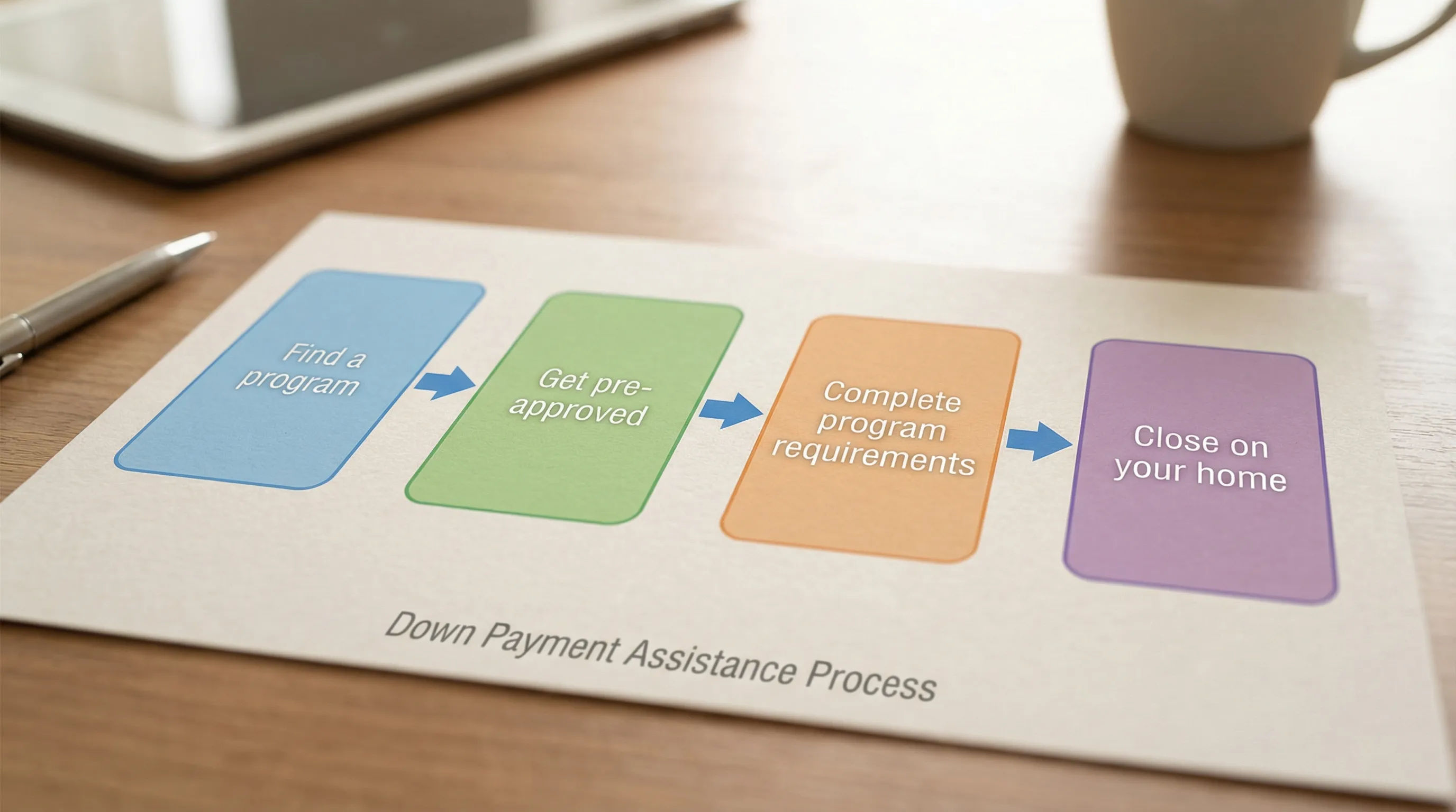 A simple four-step diagram showing the down payment assistance process: “Find a program” → “Get pre-approved” → “Complete program requirements” → “Close on your home.”