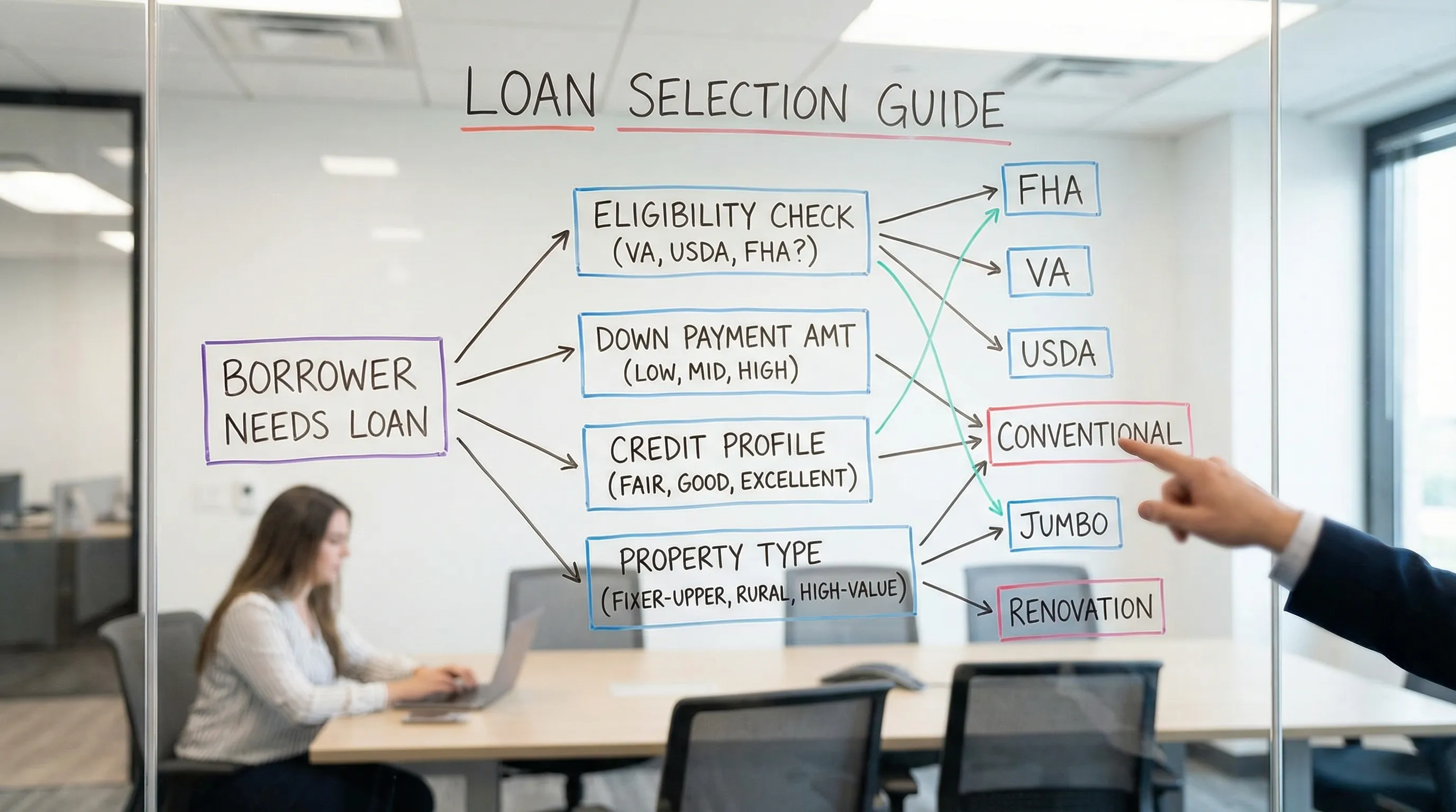 A simple flowchart showing how borrowers choose among FHA, VA, conventional, USDA, jumbo, and renovation loans based on eligibility, down payment, credit profile, and property type.