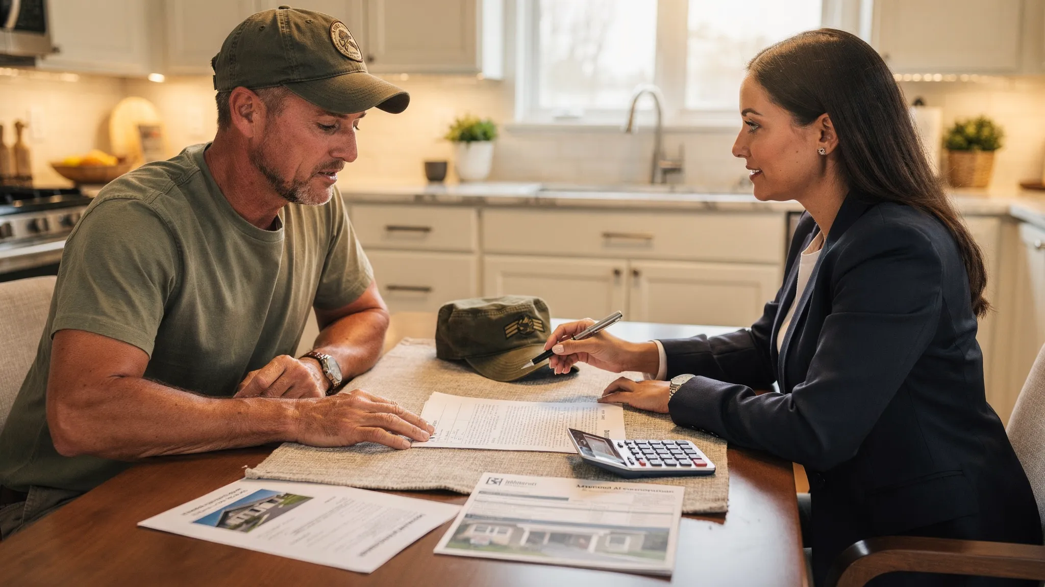 A veteran homebuyer sits at a kitchen table reviewing mortgage pre-approval documents with a loan officer, with a house listing sheet and a calculator nearby, creating a calm and organized home financing planning scene.
