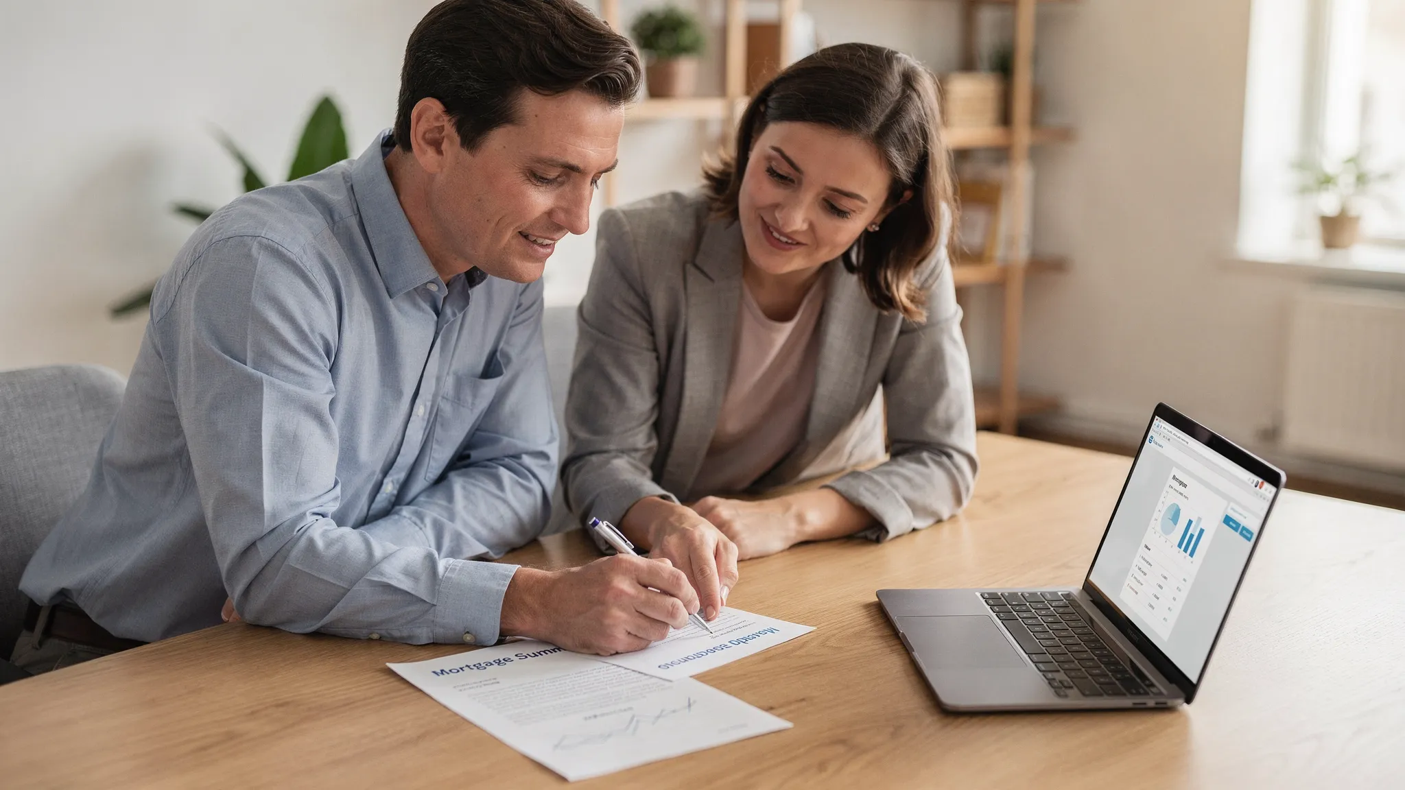 A borrower and a mortgage advisor sitting at a table reviewing a simple printed summary while a laptop is open to the side, suggesting a blend of digital workflow and human guidance.
