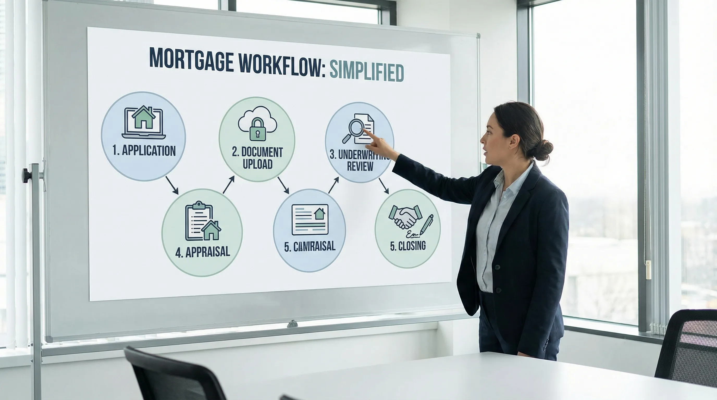 A simplified mortgage workflow illustration showing key stages like application, document upload, underwriting review, appraisal, and closing, with icons for secure upload and e-signature.