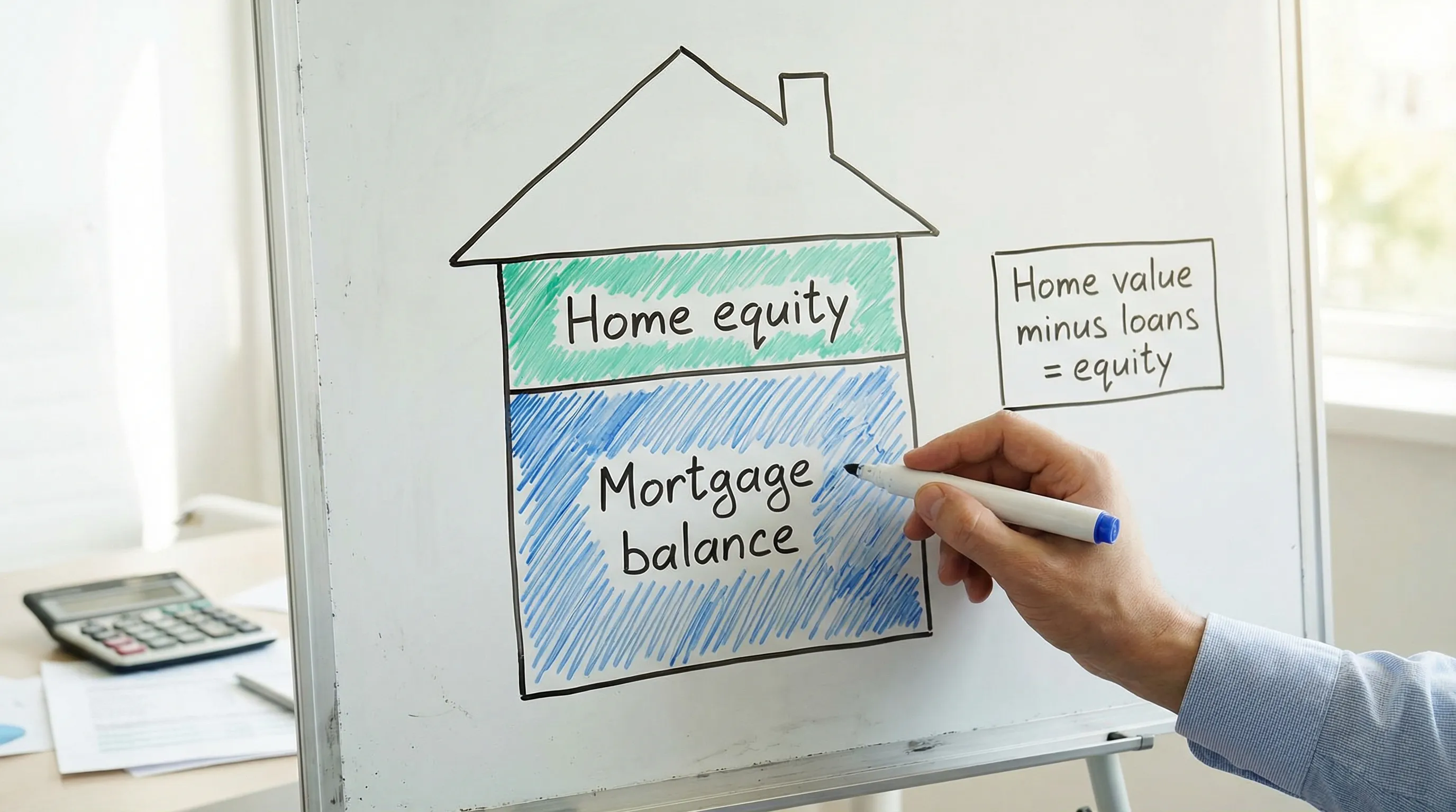 A simple diagram showing a house value split into two stacked sections: a lower section labeled “Mortgage balance” and an upper section labeled “Home equity,” with a small side note showing “Home value minus loans = equity.”