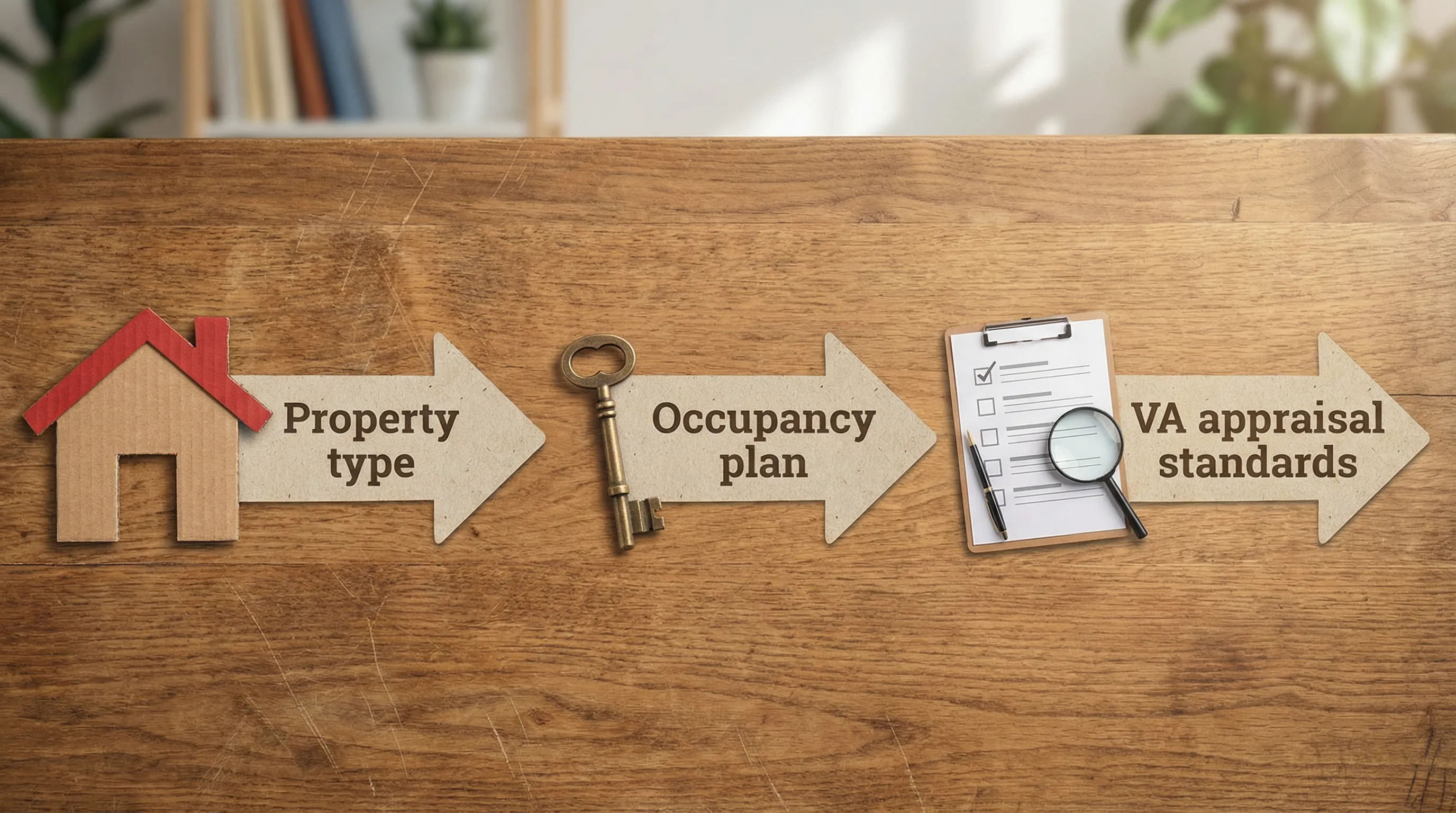 A simple three-step graphic showing “Property type” → “Occupancy plan” → “VA appraisal standards,” with icons of a house, a key, and a checklist.