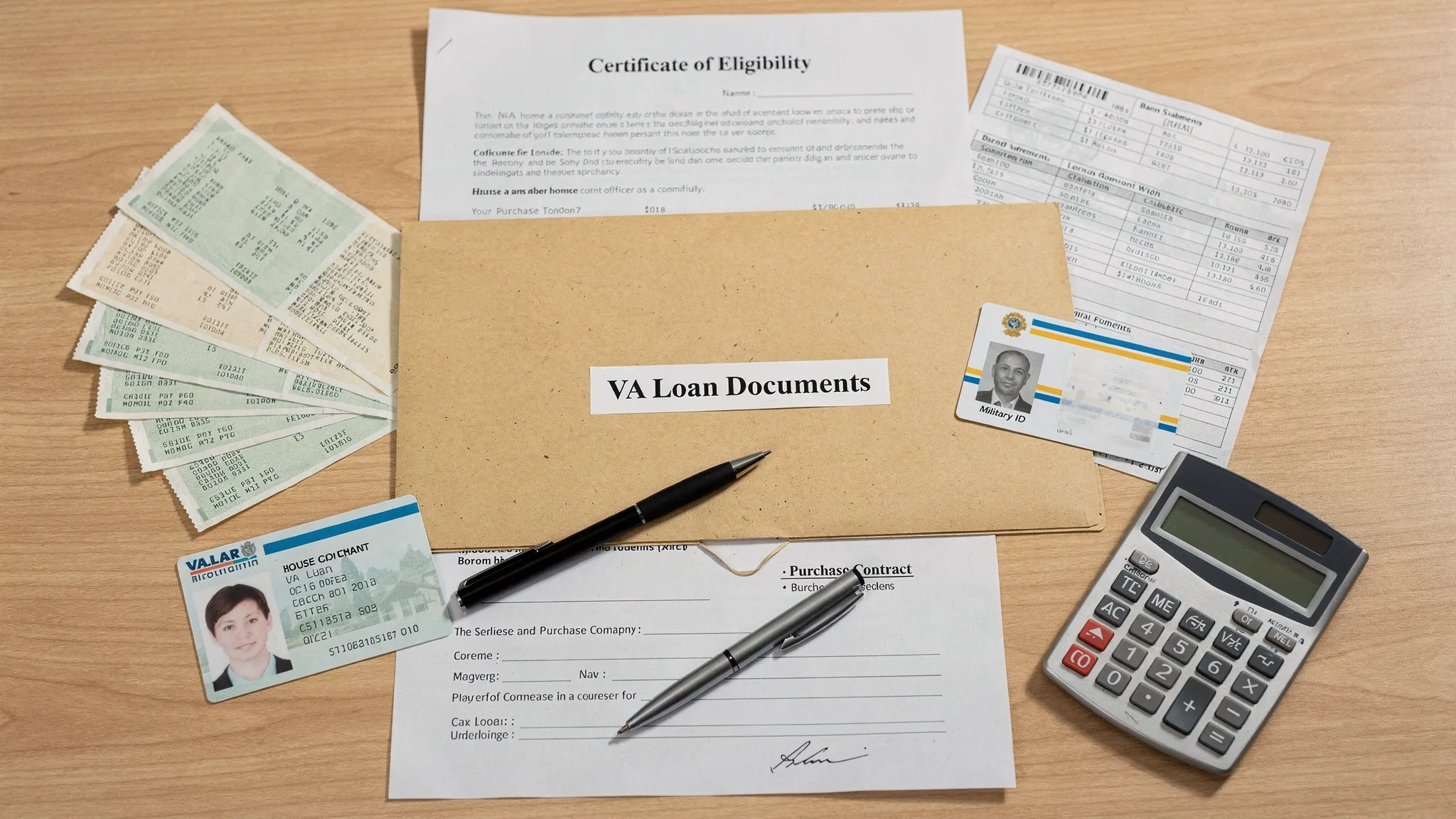 A neat home-loan document checklist scene: a folder labeled “VA Loan Documents,” a military ID-style card (generic), a paper titled “Certificate of Eligibility,” pay stubs, bank statements, and a house purchase contract laid out on a desk with a pen and calculator.