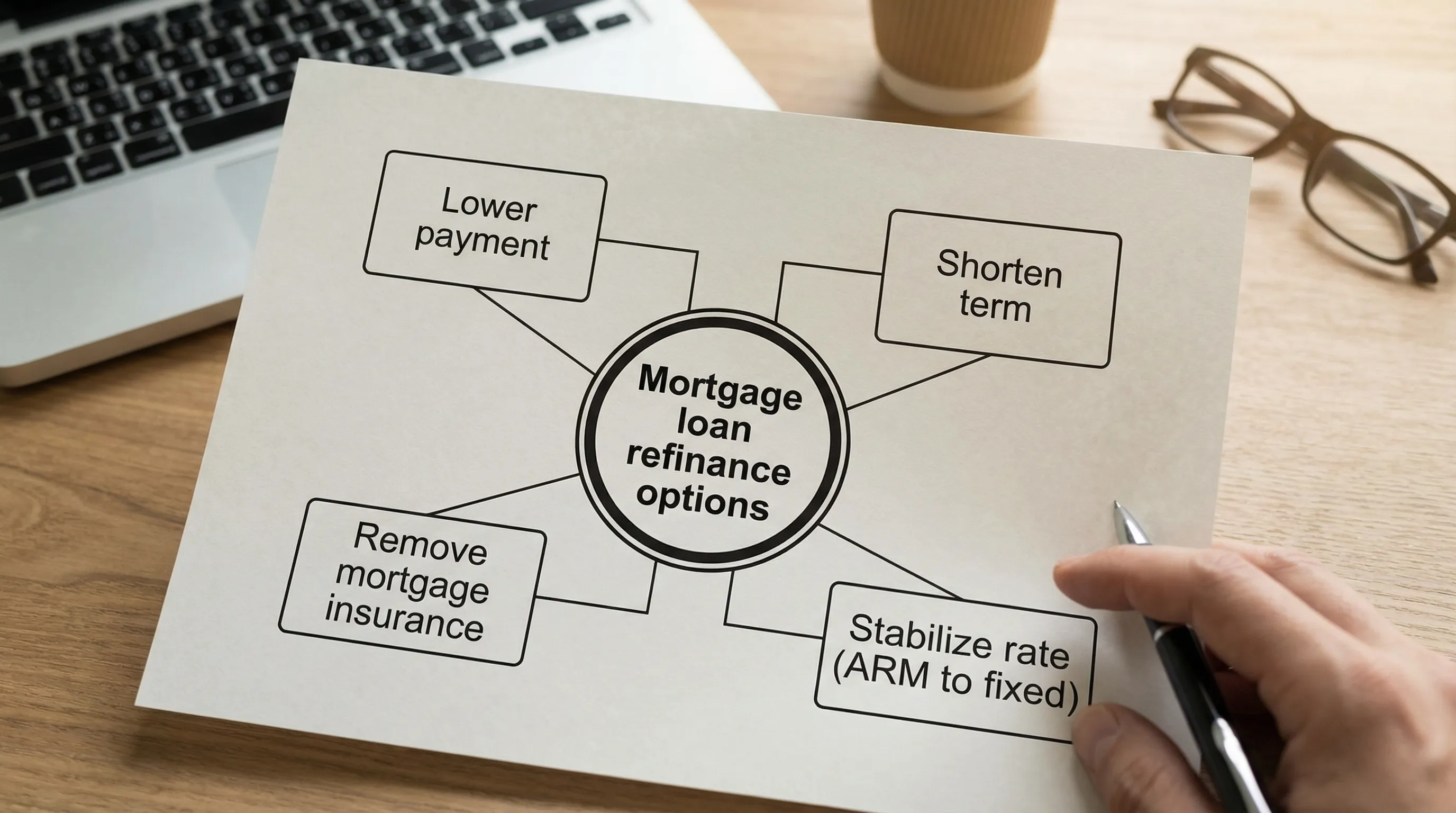 A simple four-box diagram showing refinance goals: “Lower payment,” “Shorten term,” “Remove mortgage insurance,” and “Stabilize rate (ARM to fixed),” with a central label “Mortgage loan refinance options.”