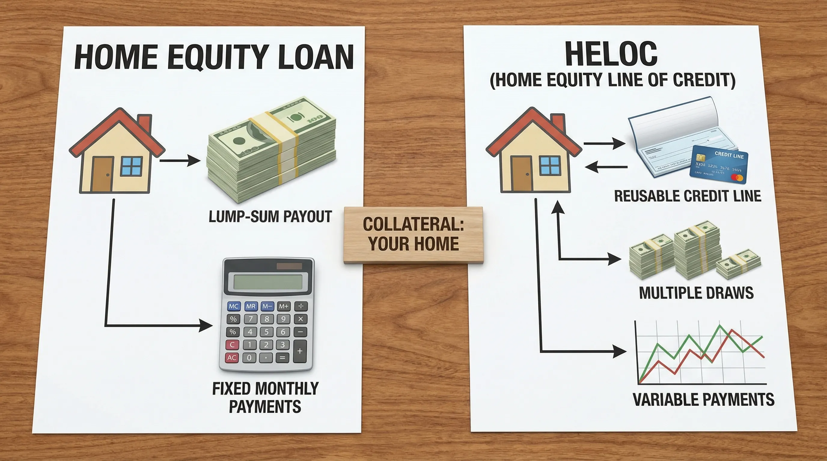 A simple visual comparison showing a home equity loan as a single lump-sum payout with fixed monthly payments, and a HELOC as a reusable credit line with multiple draws and changing payments over time, with a house icon as collateral.