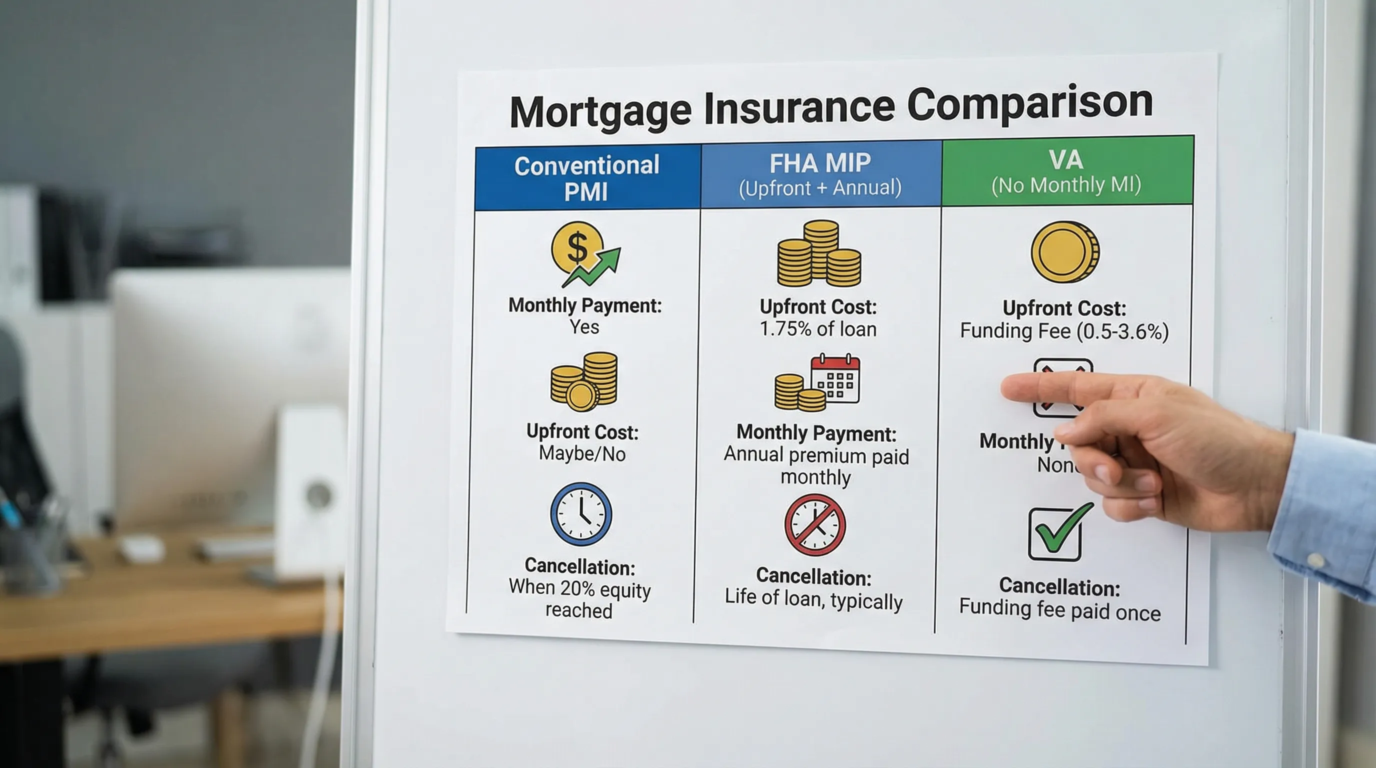 A simple three-column visual comparing conventional PMI, FHA MIP (upfront plus annual), and VA (no monthly mortgage insurance but possible funding fee), with icons for monthly payment, upfront cost, and cancellation rules.