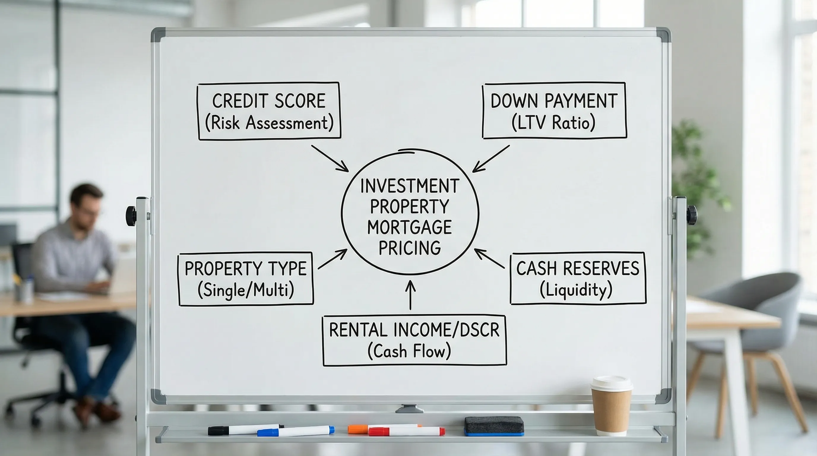 A simple five-part diagram showing the main drivers of investment property mortgage pricing: credit score, down payment (LTV), property type, cash reserves, and rental income/DSCR.
