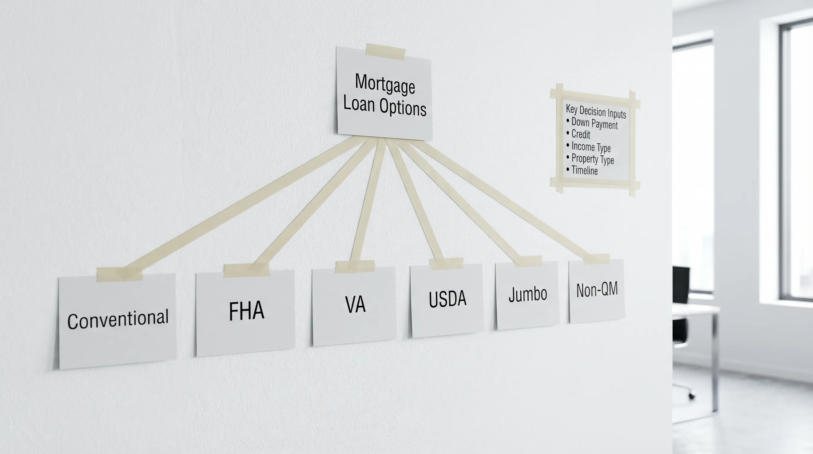 A simple flowchart showing mortgage loan options branching into Conventional, FHA, VA, USDA, Jumbo, and Non-QM, with a small box listing key decision inputs: down payment, credit, income type, property type, and timeline.