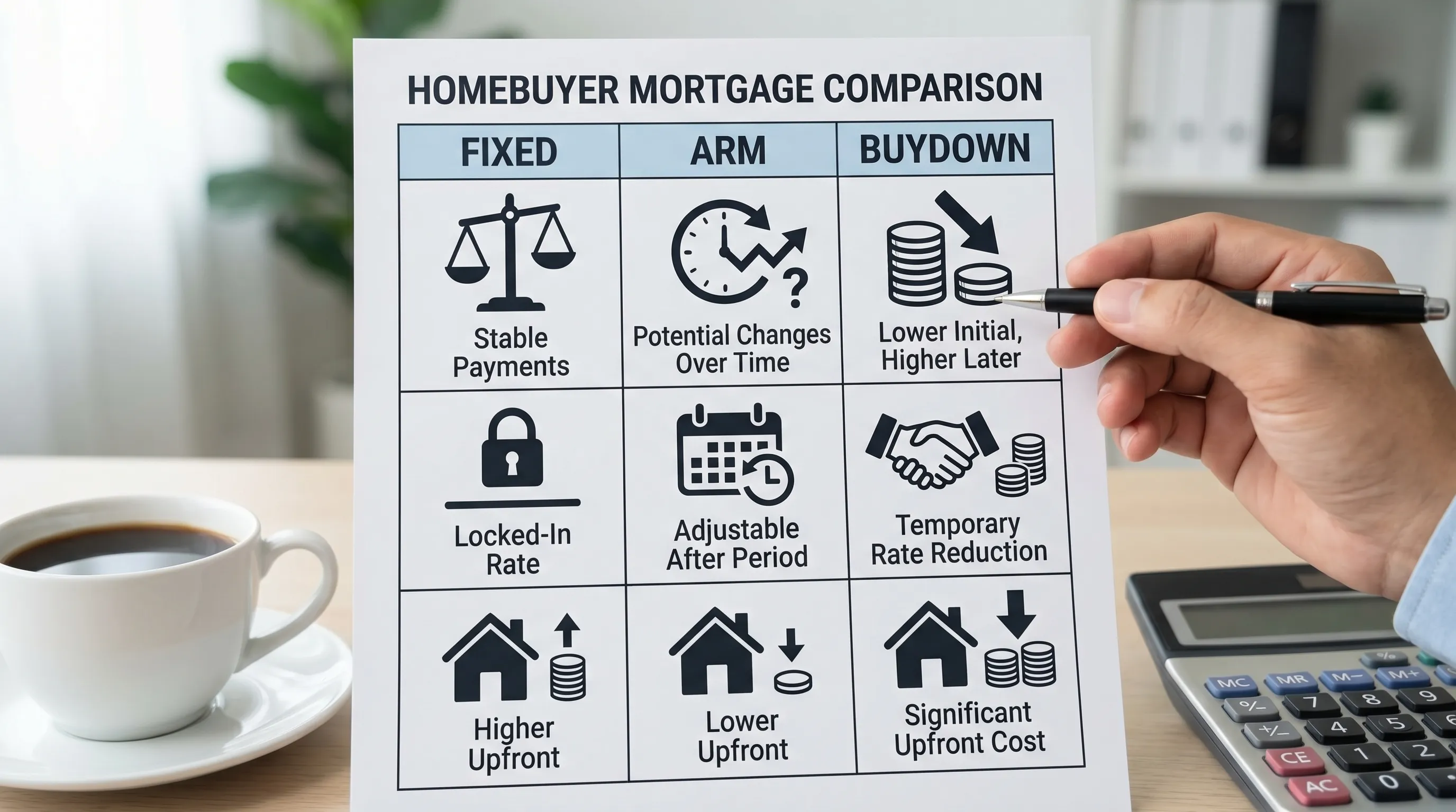 Simple side-by-side visual showing three columns labeled Fixed, ARM, and Buydown, with icons for payment stability, potential payment changes over time, and upfront cost, designed as an easy comparison for homebuyers.