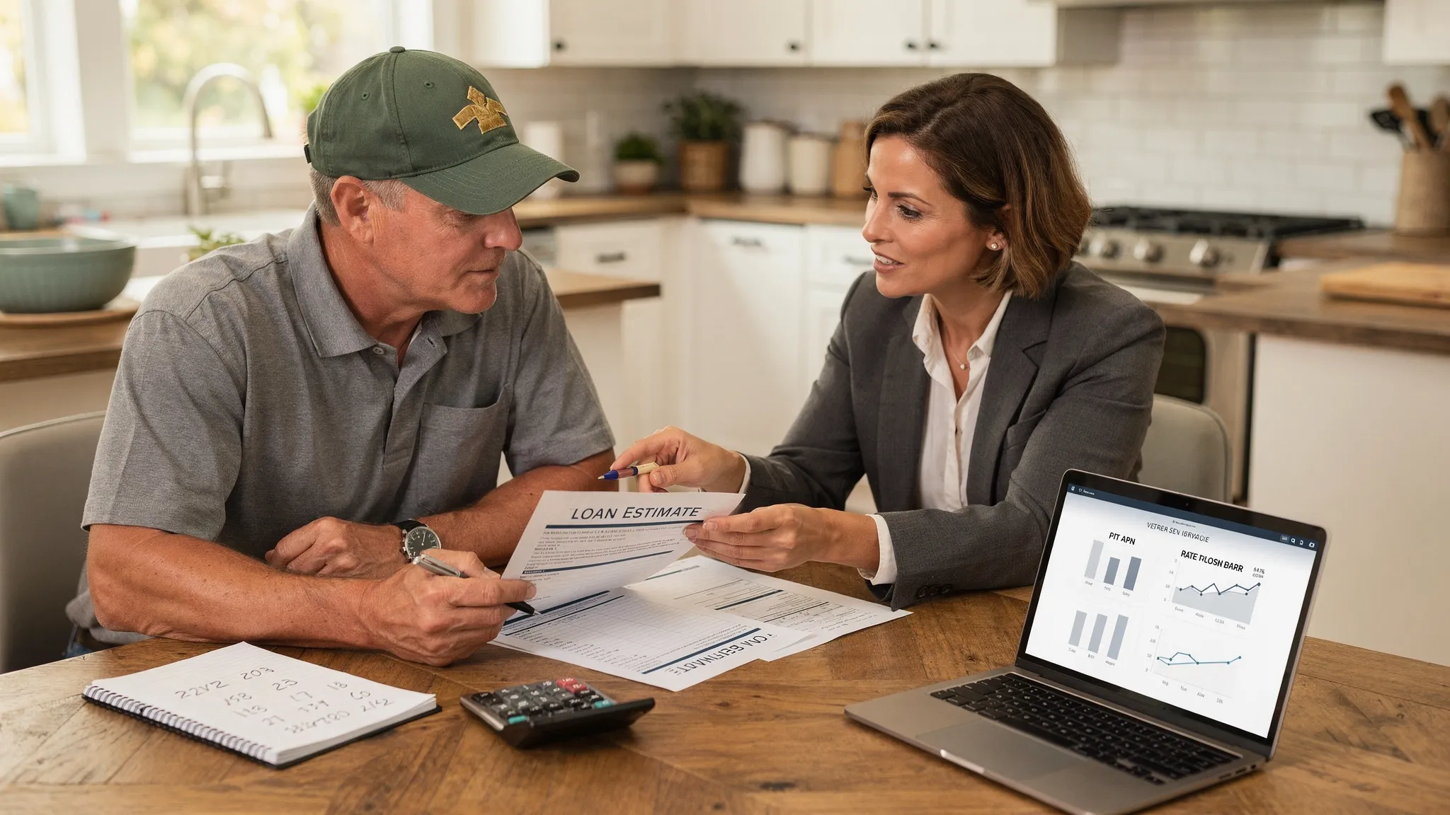 A veteran homebuyer reviewing a Loan Estimate with a loan officer at a kitchen table, with a calculator, a notepad, and a laptop open showing a simple rate and APR comparison; the laptop screen faces the viewer and shows only generic charts, no brand logos.