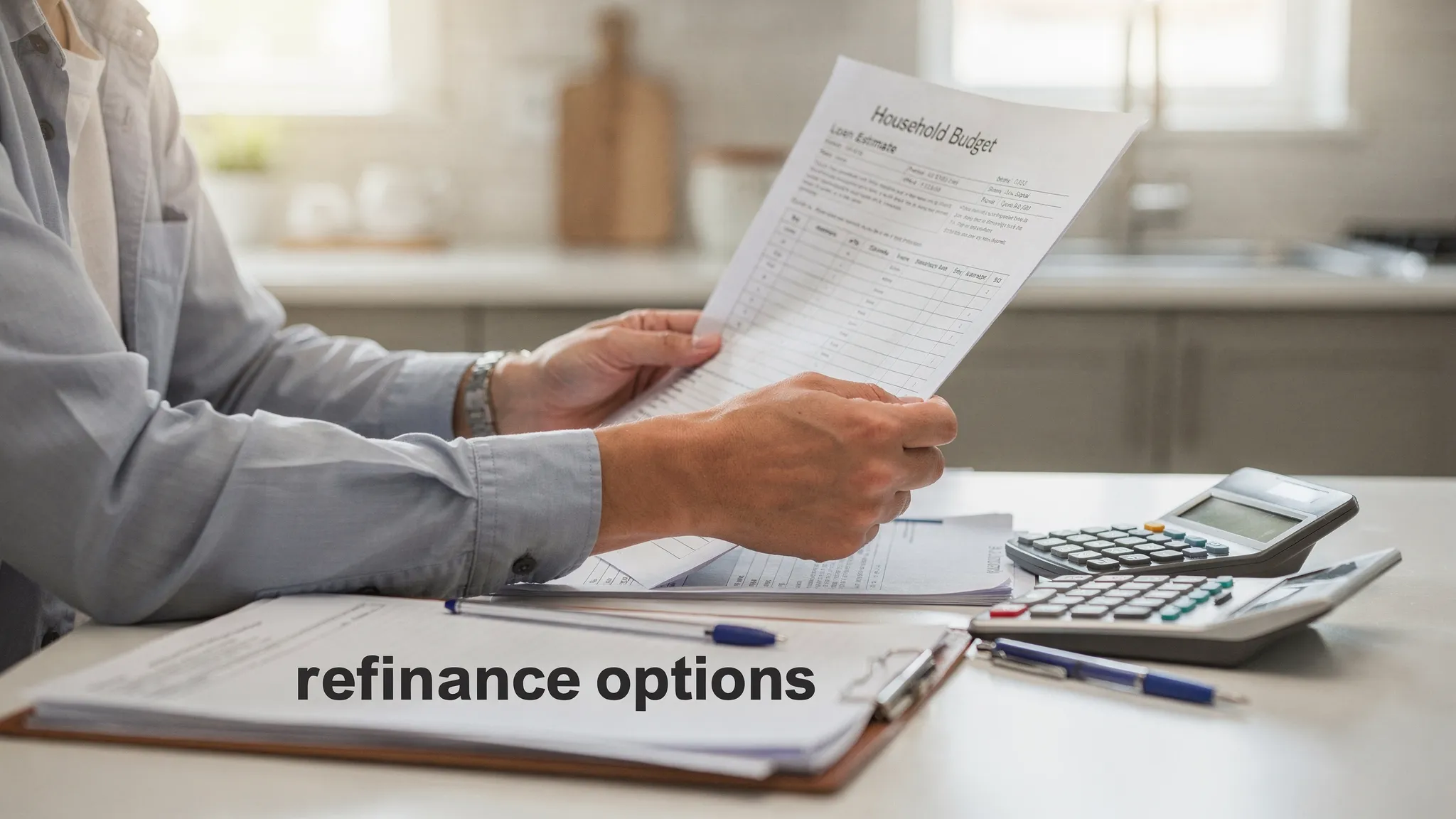 A homeowner at a kitchen table reviewing a mortgage Loan Estimate and a simple household budget worksheet, with a calculator, a pen, and a folder labeled “refinance options.”