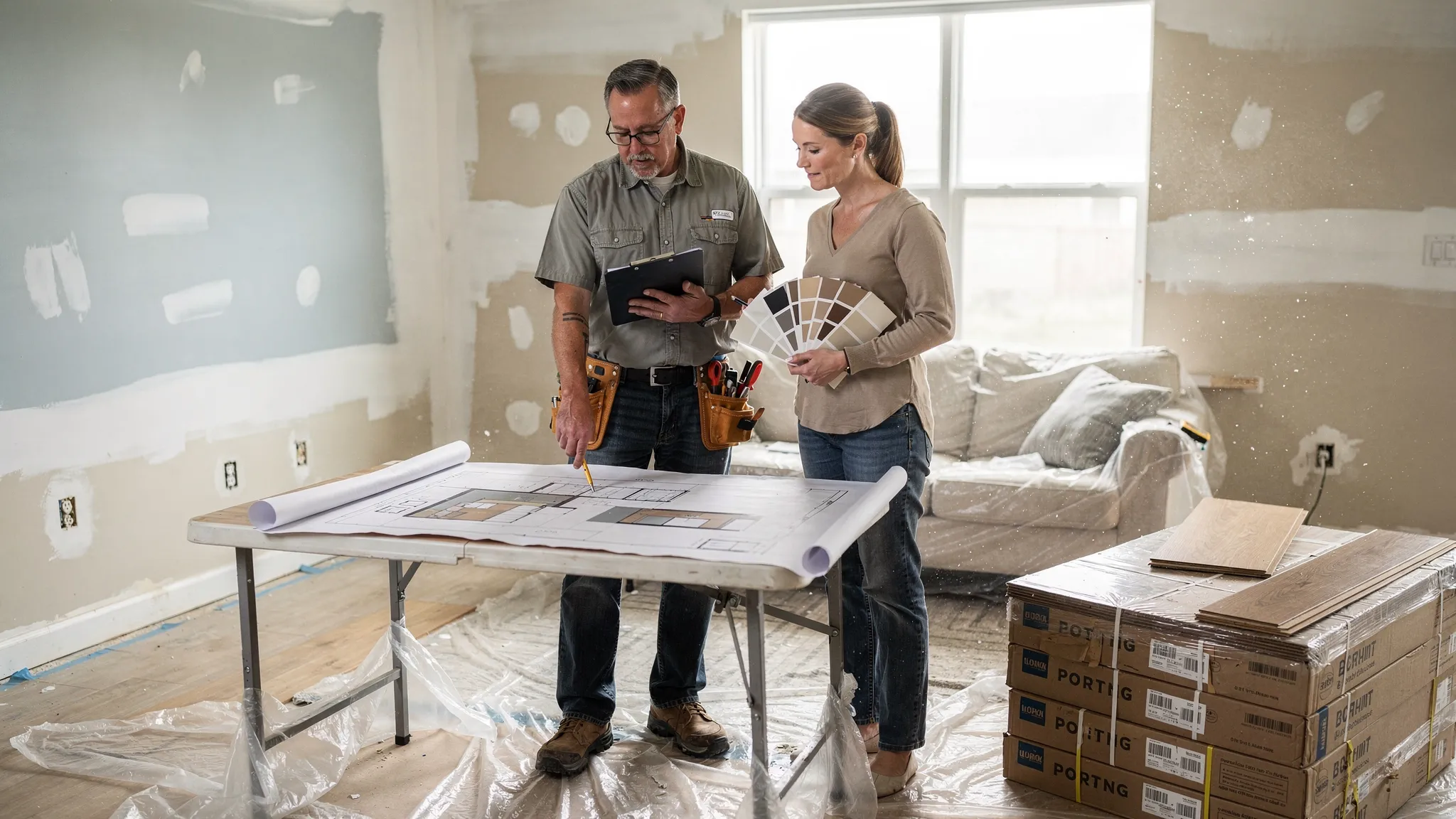 A contractor reviewing a home renovation plan with a homeowner in a partially remodeled living room, showing paint samples, a clipboard checklist, and boxed flooring materials.