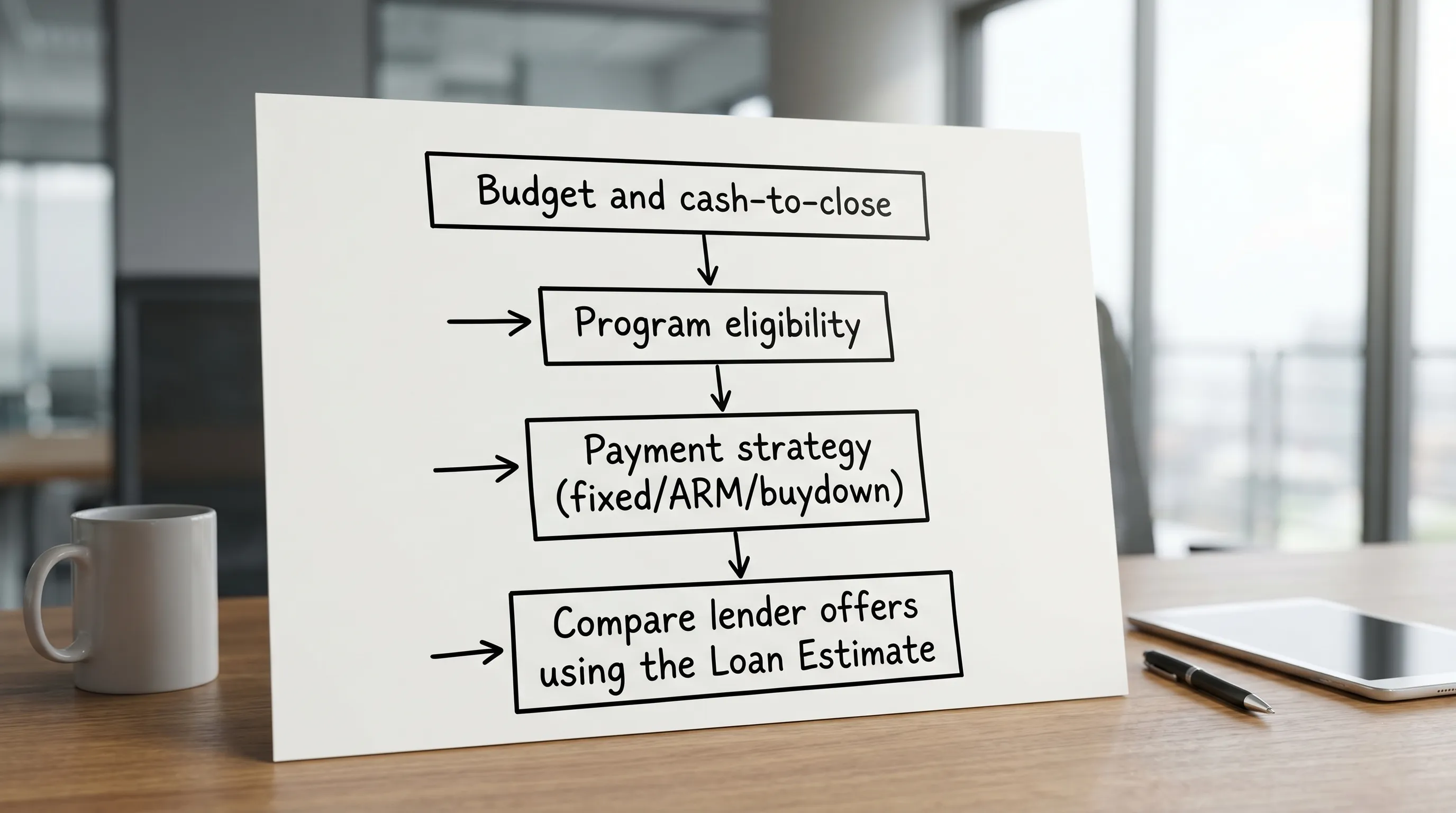 A simple decision flowchart showing four connected boxes labeled: Budget and cash-to-close, Program eligibility, Payment strategy (fixed/ARM/buydown), Compare lender offers using the Loan Estimate.